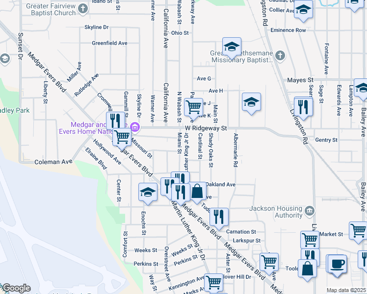 map of restaurants, bars, coffee shops, grocery stores, and more near 3531 Martin Luther King Junior Drive in Jackson