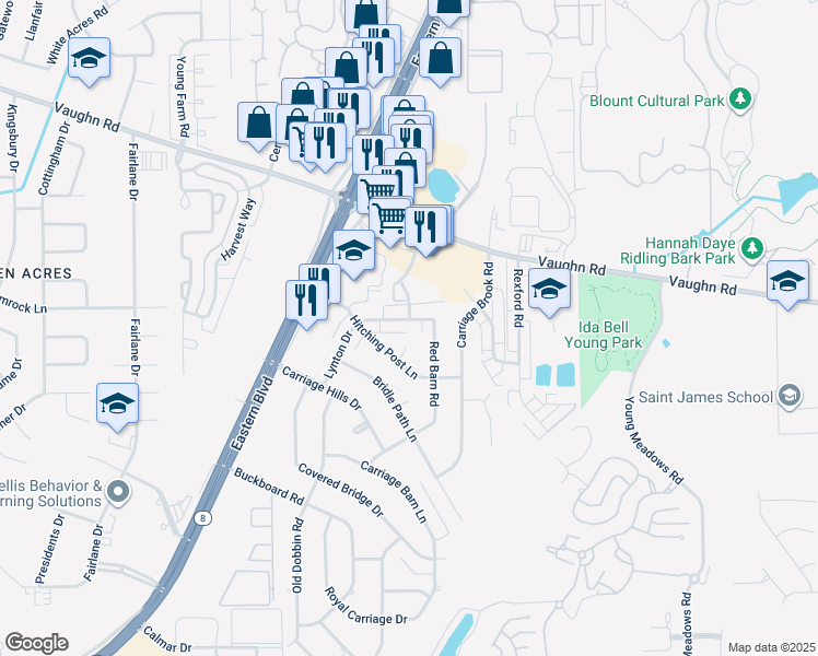 map of restaurants, bars, coffee shops, grocery stores, and more near 5644 Red Barn Road in Montgomery