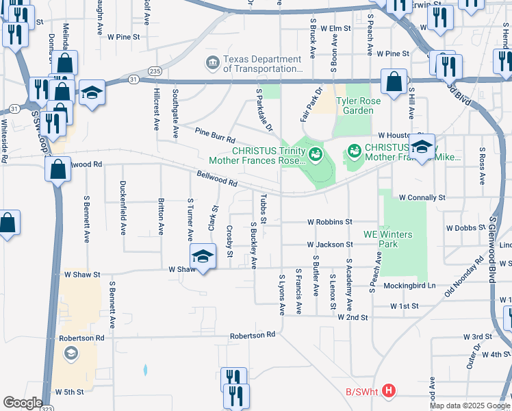 map of restaurants, bars, coffee shops, grocery stores, and more near 830 South Buckley Avenue in Tyler