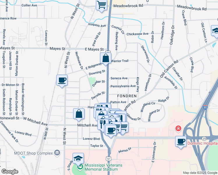 map of restaurants, bars, coffee shops, grocery stores, and more near 3426 North State Street in Jackson