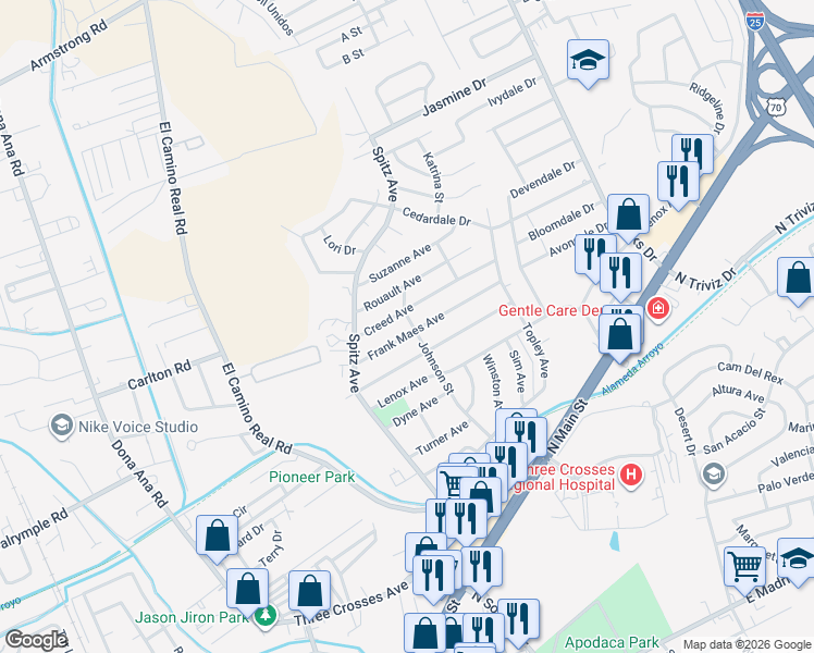map of restaurants, bars, coffee shops, grocery stores, and more near 695 Frank Maes Avenue in Las Cruces