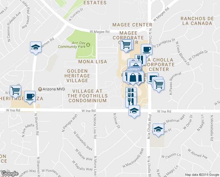 map of restaurants, bars, coffee shops, grocery stores, and more near 7300 North Mona Lisa Road in Tucson