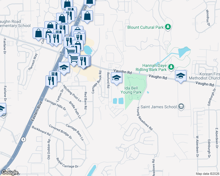 map of restaurants, bars, coffee shops, grocery stores, and more near 2059 Rexford Road in Montgomery