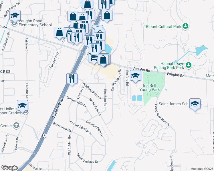 map of restaurants, bars, coffee shops, grocery stores, and more near 5652 Carriage Brook Road in Montgomery