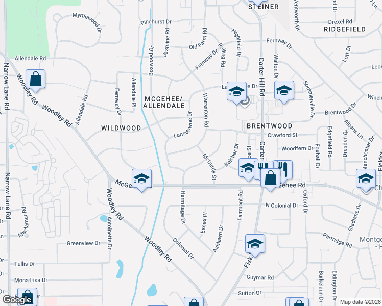map of restaurants, bars, coffee shops, grocery stores, and more near 3451 Warrenton Rd in Montgomery