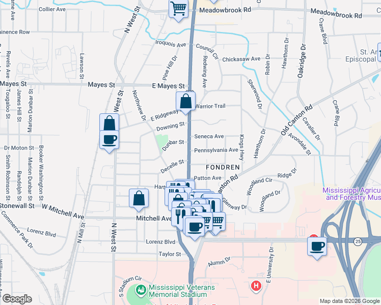 map of restaurants, bars, coffee shops, grocery stores, and more near 3426 North State Street in Jackson