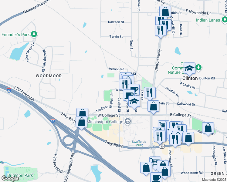 map of restaurants, bars, coffee shops, grocery stores, and more near 305 West Leake Street in Clinton