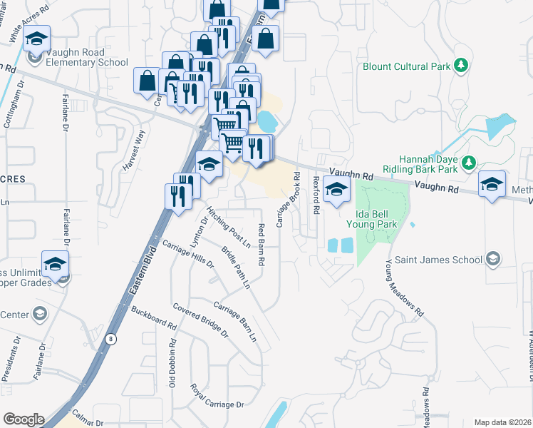 map of restaurants, bars, coffee shops, grocery stores, and more near 5652 Carriage Brook Road in Montgomery