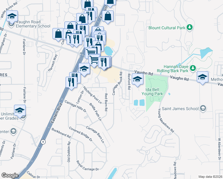 map of restaurants, bars, coffee shops, grocery stores, and more near 5652 Carriage Brook Road in Montgomery