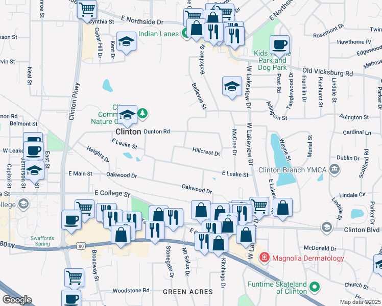 map of restaurants, bars, coffee shops, grocery stores, and more near 119 Hillcrest Dr in Clinton