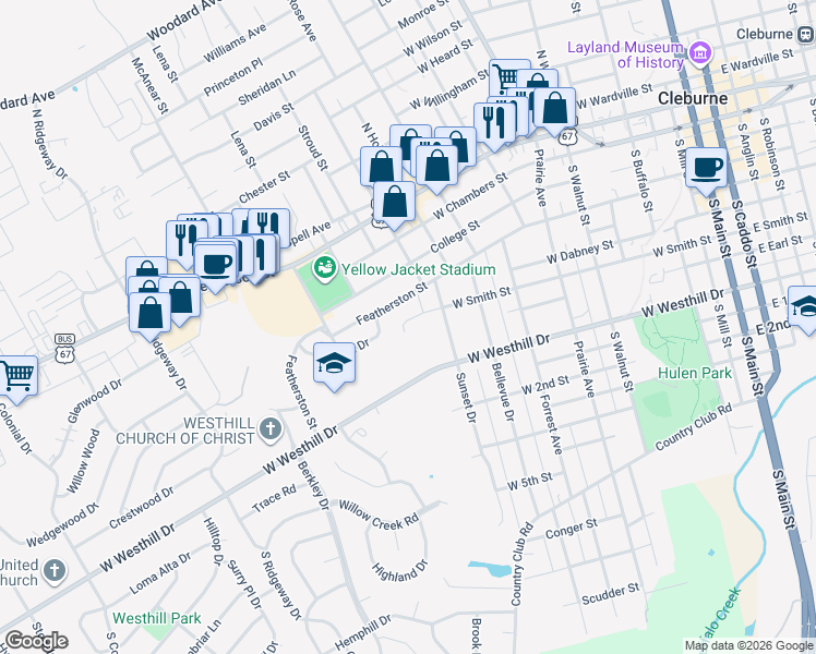 map of restaurants, bars, coffee shops, grocery stores, and more near 813 West Smith Street in Cleburne