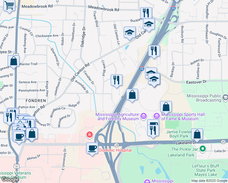 map of restaurants, bars, coffee shops, grocery stores, and more near 3806 Montrose Circle in Jackson