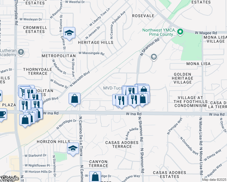 map of restaurants, bars, coffee shops, grocery stores, and more near 7394 North Dickinson Place in Tucson