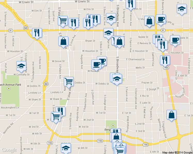 map of restaurants, bars, coffee shops, grocery stores, and more near 821 S Bois D Arc Ave in Tyler