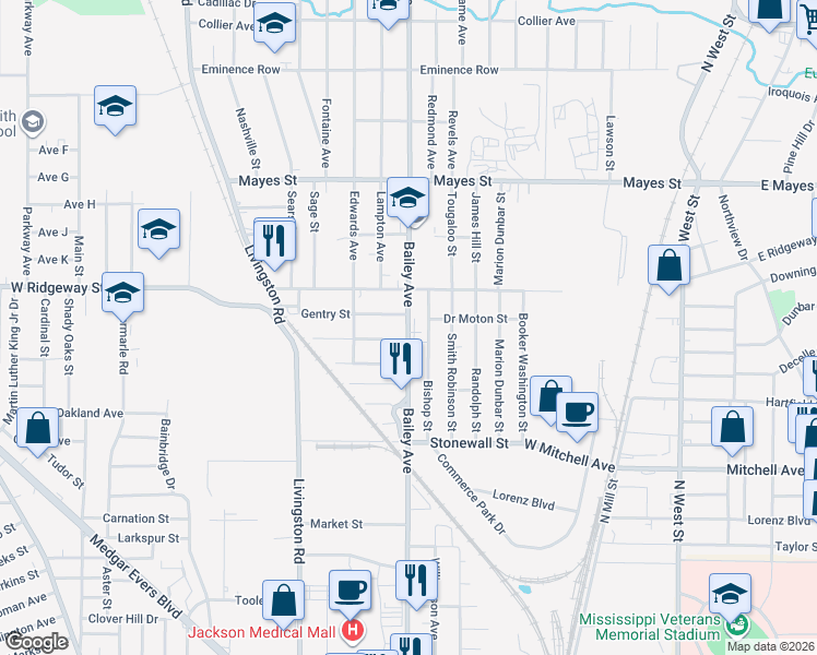map of restaurants, bars, coffee shops, grocery stores, and more near 3002 Bailey Avenue in Jackson