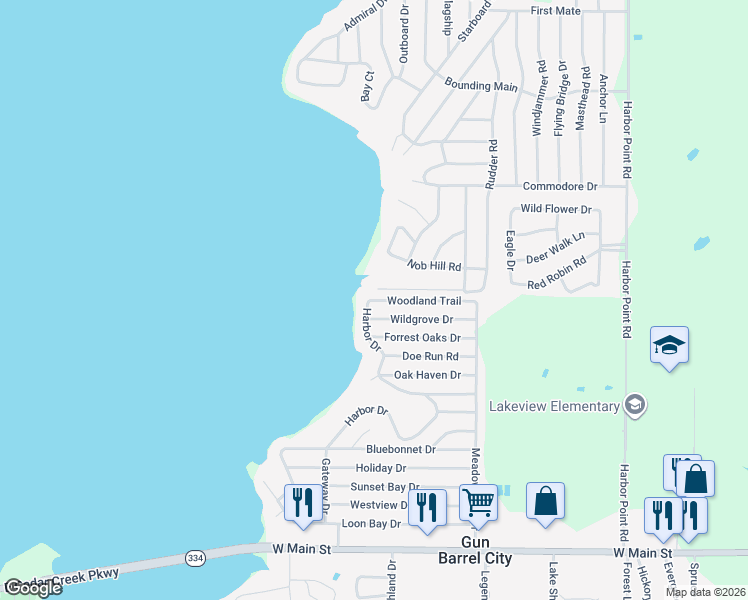 map of restaurants, bars, coffee shops, grocery stores, and more near 199 Woodland Trail in Gun Barrel City