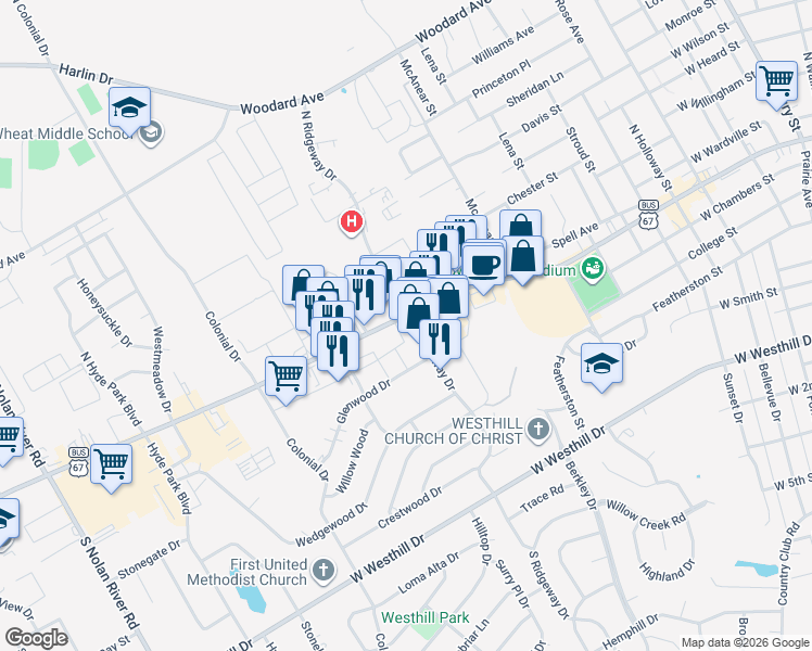 map of restaurants, bars, coffee shops, grocery stores, and more near 100 South Ridgeway Drive in Cleburne