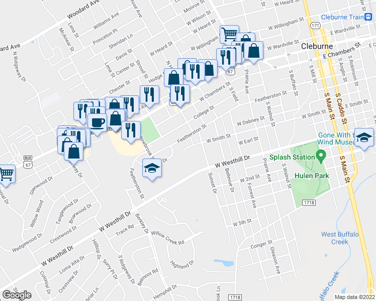 map of restaurants, bars, coffee shops, grocery stores, and more near 811 West Smith Street in Cleburne