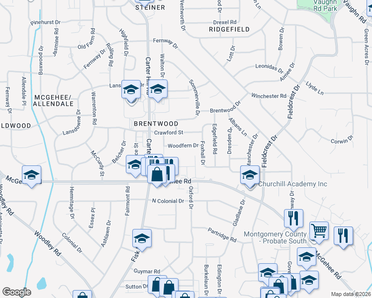 map of restaurants, bars, coffee shops, grocery stores, and more near 3138 Woodfern Drive in Montgomery