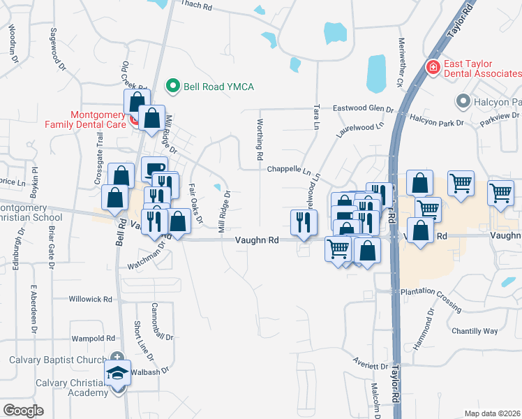map of restaurants, bars, coffee shops, grocery stores, and more near 1673 Worthing Road in Montgomery