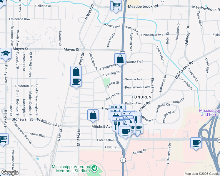 map of restaurants, bars, coffee shops, grocery stores, and more near 433 Dunbar Street in Jackson