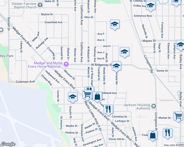 map of restaurants, bars, coffee shops, grocery stores, and more near 3531 Martin Luther King Junior Drive in Jackson