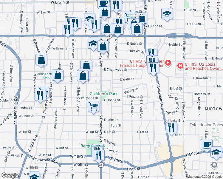 map of restaurants, bars, coffee shops, grocery stores, and more near 130 Rowland Place in Tyler