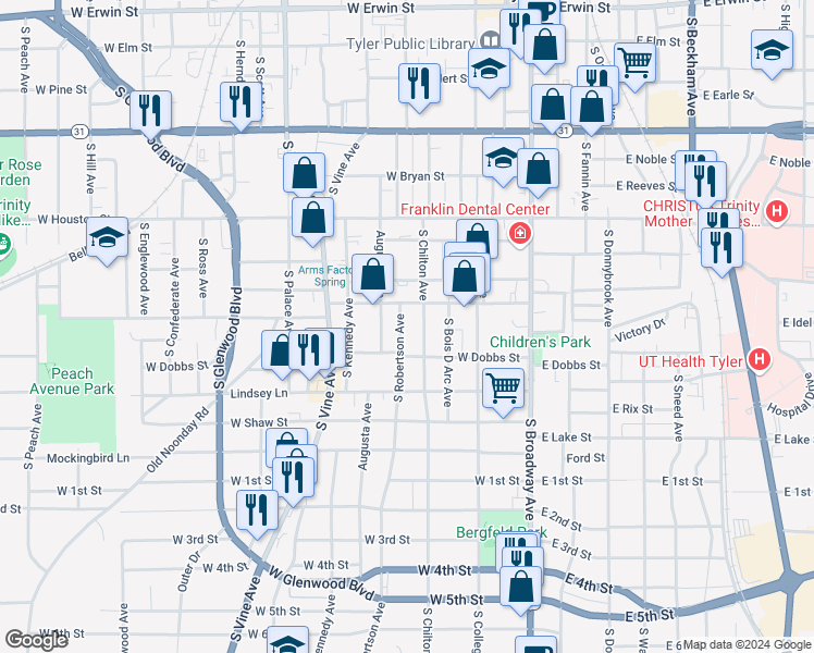 map of restaurants, bars, coffee shops, grocery stores, and more near 820 South Robertson Avenue in Tyler
