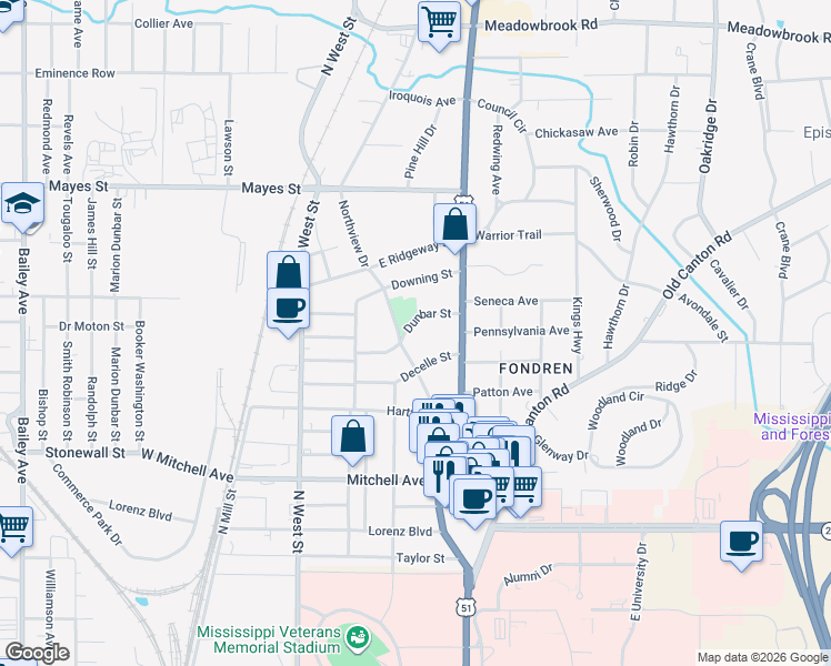 map of restaurants, bars, coffee shops, grocery stores, and more near 433 Dunbar Street in Jackson