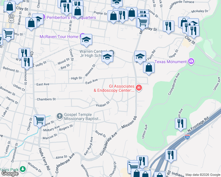 map of restaurants, bars, coffee shops, grocery stores, and more near 1820 Edna Drive in Vicksburg