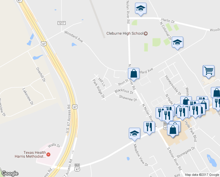 map of restaurants, bars, coffee shops, grocery stores, and more near 1727 Ridgecrest Dr in Cleburne