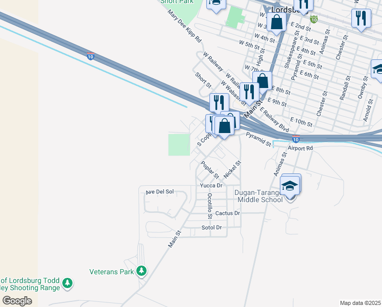 map of restaurants, bars, coffee shops, grocery stores, and more near 1507 South Copper in Lordsburg