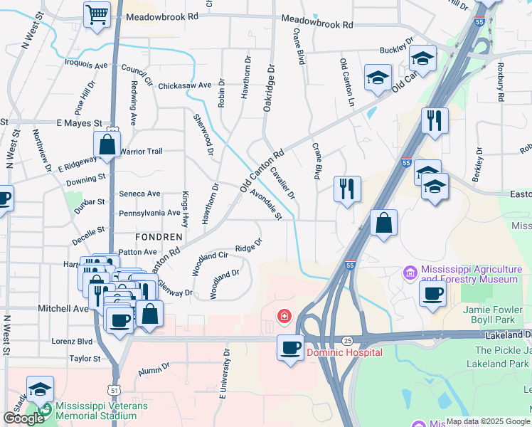 map of restaurants, bars, coffee shops, grocery stores, and more near 320 Wooddale Drive in Jackson