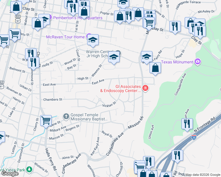 map of restaurants, bars, coffee shops, grocery stores, and more near 1820 Edna Drive in Vicksburg