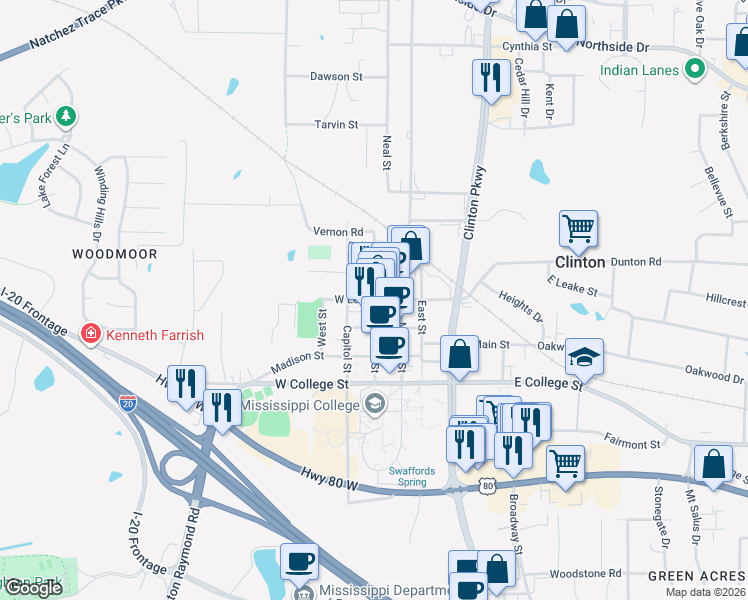 map of restaurants, bars, coffee shops, grocery stores, and more near 201 West Leake Street in Clinton
