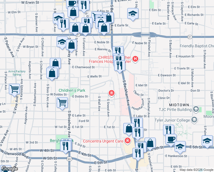 map of restaurants, bars, coffee shops, grocery stores, and more near 523 Victory Drive in Tyler