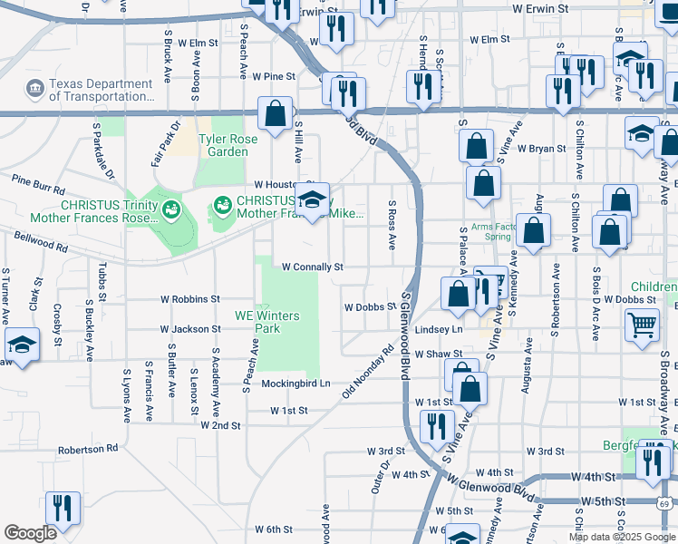 map of restaurants, bars, coffee shops, grocery stores, and more near 1410 West Connally Street in Tyler
