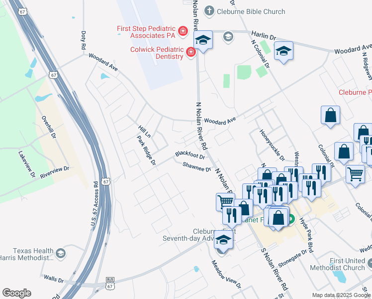 map of restaurants, bars, coffee shops, grocery stores, and more near 1714 Blackfoot Drive in Cleburne
