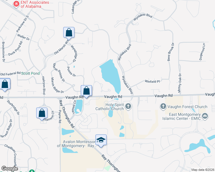 map of restaurants, bars, coffee shops, grocery stores, and more near 8185 Longneedle Pl in Montgomery