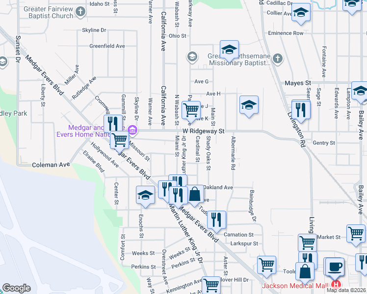 map of restaurants, bars, coffee shops, grocery stores, and more near 3531 Martin Luther King Junior Drive in Jackson