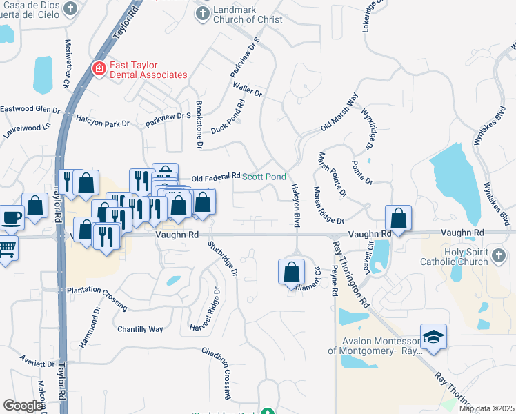 map of restaurants, bars, coffee shops, grocery stores, and more near 2220 Ivy Chase Court in Montgomery
