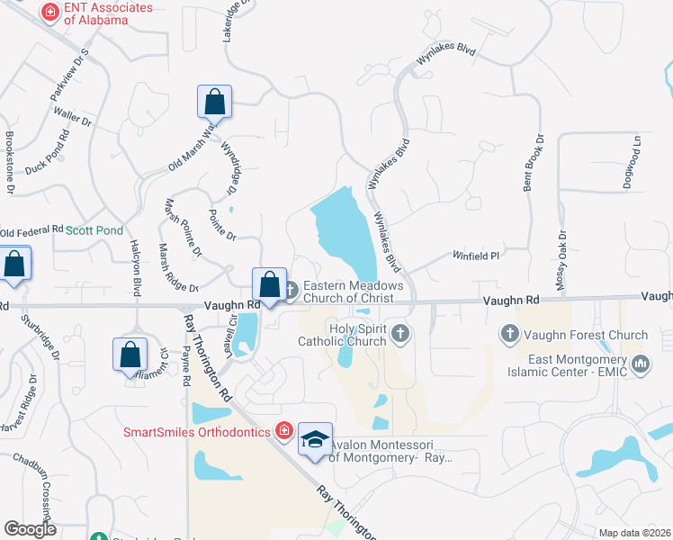 map of restaurants, bars, coffee shops, grocery stores, and more near 8185 Longneedle Pl in Montgomery