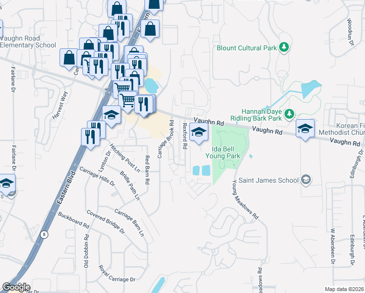 map of restaurants, bars, coffee shops, grocery stores, and more near 2059 Rexford Road in Montgomery