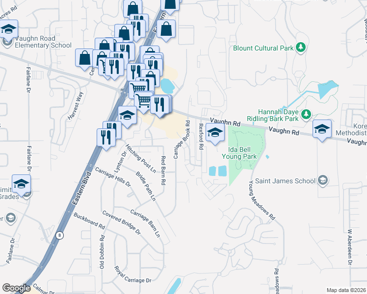 map of restaurants, bars, coffee shops, grocery stores, and more near 5714 Worchester Drive in Montgomery