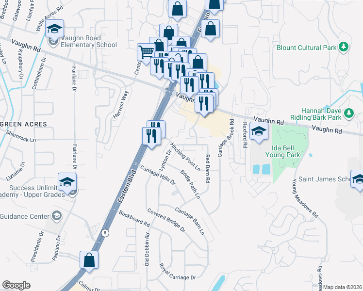 map of restaurants, bars, coffee shops, grocery stores, and more near 5622 Red Barn Road in Montgomery