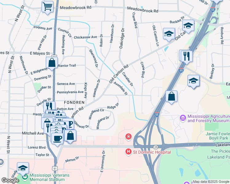 map of restaurants, bars, coffee shops, grocery stores, and more near 320 Wooddale Drive in Jackson