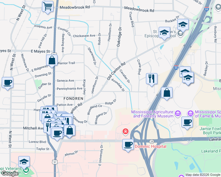 map of restaurants, bars, coffee shops, grocery stores, and more near 242 Ridge Drive in Jackson