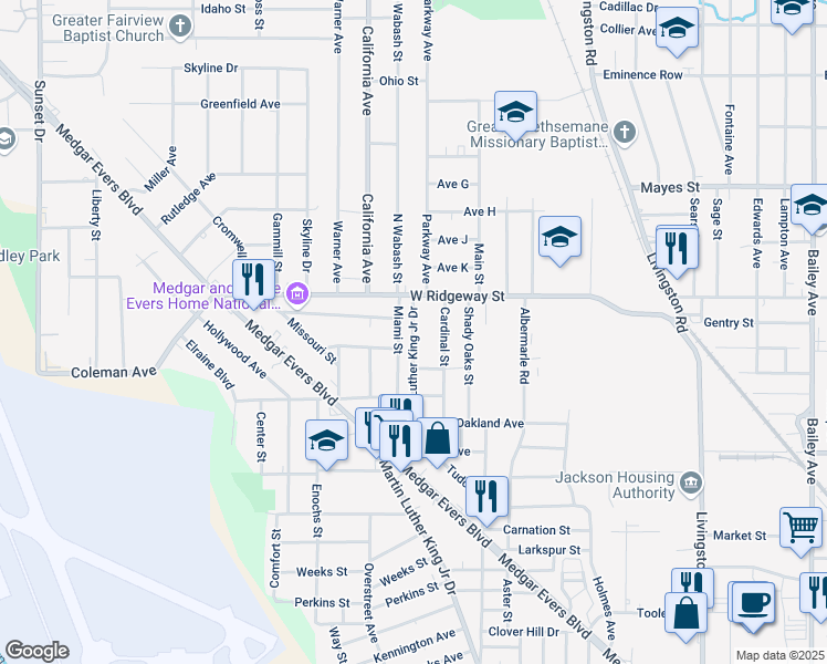 map of restaurants, bars, coffee shops, grocery stores, and more near 3531 Martin Luther King Junior Drive in Jackson