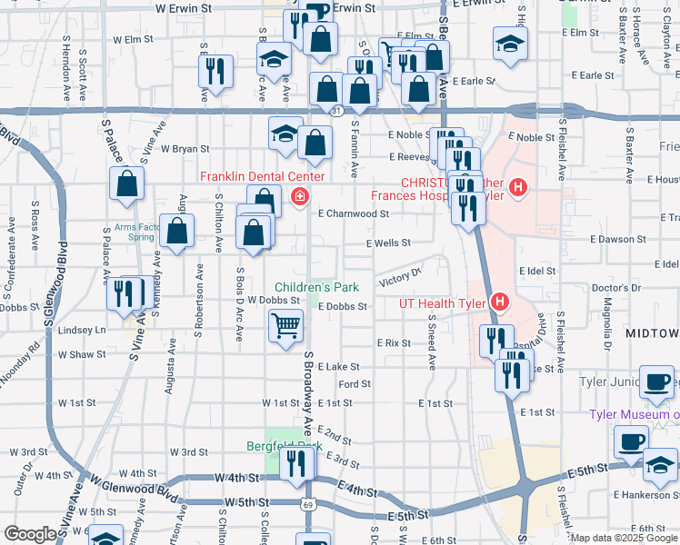 map of restaurants, bars, coffee shops, grocery stores, and more near 135 Rowland Place in Tyler