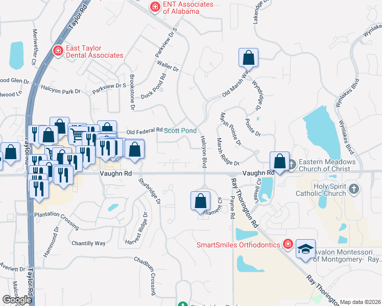 map of restaurants, bars, coffee shops, grocery stores, and more near 8439 Crossland Loop in Montgomery